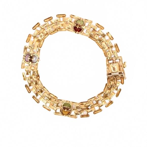 Vintage 14kt Yellow Gold Gemstone Bezel Set Panther Link Bracelet 7.25" - Picture 4 of 7